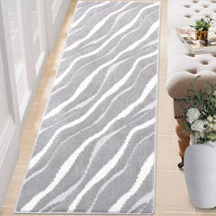 GlowSol Runner Rug 2x10 Non Shedding Hallway Rug Modern Abstract Area Rug Boho Tribal Area Rug Non Slip High-Low Pile Rug for Kitchen Bedroom, Light Grey/White