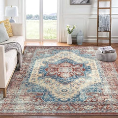 GARVEE Large Area Rug 9x12 Vintage Living Room Rug Non Slip Non Shedding Indoor Carpet Low Pile Throw Rug Oriental Indoor Office Floor Carpet for Dining Room, Rust, 9’x12’