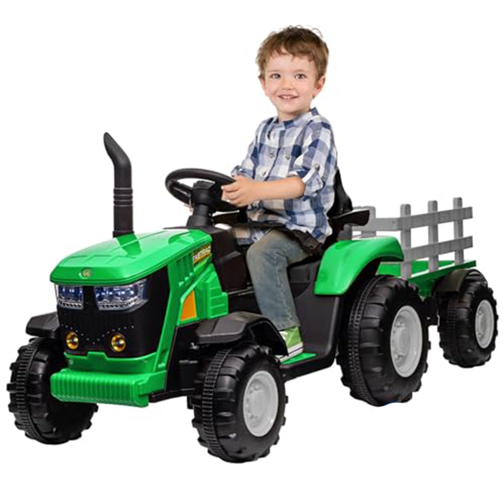 GARVEE Kids Tractor with Remote Control, 12V Ride On Car with Trailer, Battery Powered Electric Vehicle Toy 35W Dual Motor, Led Lights, Horn, Music USB, Safety Belt, Green