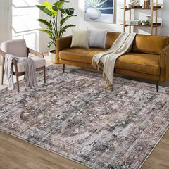 GARVEE 8x10 Area Rug Vintage Distressed Machine Washable Area Rug for Living Room Bedroom Traditional Medallion Floral Non-Slip Stain Resistant Accent Rug Carpet for Home Decor, Brown