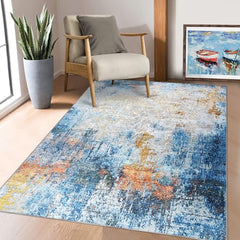 GARVEE Washable Area Rug Modern Abstract Living Room Rug Non-Slip Stain Resistant Contemporary Accent Rug Indoor Floor Carpet for Bedroom Entryway Laundry Room, 4' x 6', Blue/Yellow