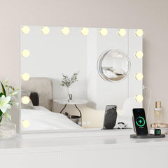 GARVEE Vanity Mirror with Lights, 3X Magnification, USB Charging, 17 LED Bulbs, 3 Color Modes, Metal Frame, 32x24, White