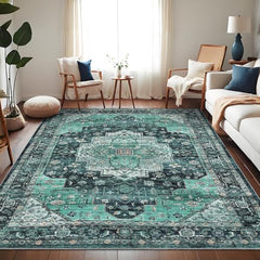 GARVEE Machine Washable Area Rugs 9x12 Large Indoor Vintage Floor Carpet, Stain-Resistant Soft Low Pile Distressed Accent Carpet with Non-Slip Backing for Living Room, Bedroom, Green