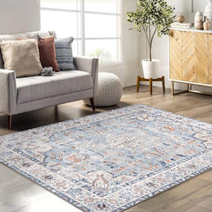 GARVEE 8x10 Area Rug Vintage Distressed Machine Washable Area Rug for Living Room Bedroom Traditional Medallion Non-Slip Stain Resistant Accent Rug Carpet for Home Decor Floor Decoration, Blue