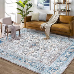 GARVEE Area Rug 4x6 Vintage Rug Indoor Floor Print Distressed Carpet Foldable Accent Rug Non Slip Lightweight Rug Boho Rug for Living Room Bedroom Dining Room, Boho Beige/Blue, 4’x6’