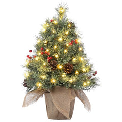 GARVEE 2ft Tabletop Christmas Tree, Pre-lit Xmas Tree with Cloth Bag Base, Mini Christmas Tree with LED Lights, Artificial Christmas Tree with Pine Cones and Berries for Desk Decoration