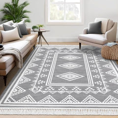 GARVEE Large Living Room Rug 8x10 Washable Boho Accent Area Rug with Tassel Moroccan Bordered Non-Slip Stain Resistant Floor Cover Farmhouse Geometric Tribal Carpet for Bedroom Nursery, Grey