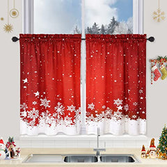 GARVEE Christmas Kitchen Curtains, Red Velvet Curtains Set for Windows, Floral Snowflake Decoration Cafe Curtains, Thermal Insulated Room Darkening Short Curtain (26