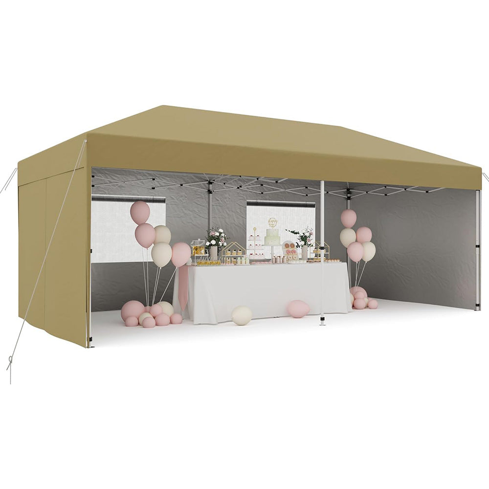 GARVEE 10'x 20' Pop up Canopy Tent with 210 D Oxford Fabric, Portable Instant Commercial Canopy Including 4Pcs Sidewalls 12 Stakes 6 Sandbags for Farmers' Market, Wedding Event, Camping-Khaki