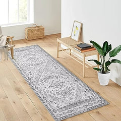 GARVEE Runner Rug 2x6 Hallway Rug Boho Vintage Indoor Floor Cover Print Carpet Non-Slip Washable Rug Distressed Area Rug Foldable Accent Rug for Kitchen Bedroom Living Room, 2’x6’, Boho Grey