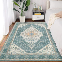 GARVEE Vintage Medallion Print Area Rug, 6x9 Boho Traditional Washable Carpet with Low Pile, Non-Slip Rubber Backing Foldable, Ideal for Dining Room Office Bedroom Living Room, Green Beige