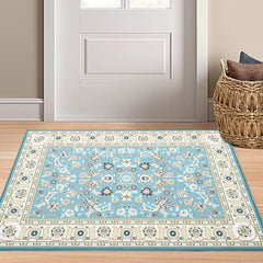 GARVEE Runner Rug 2x8 Washable Rug Area Rug Vintage Hallway Indoor Floor Mat Thin Rug Retro Distressed Carpet Blue Floral Country Accent Rug Non Slip Bathroom Kitchen Bedroom Living Room Aqua 2'x8'