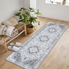 Garvee Washable Area Rug 5x7 Bohemian Rug Vintage Oriental Rug Living Room Rug Non-Slip Boho Bedroom Throw Mat,Grey Floral Printed Non-Shedding Carpet for Dining Room Dorm,5x7