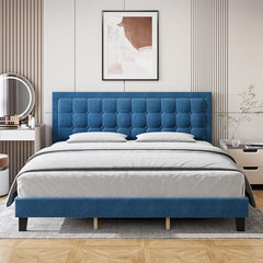 GARVEE King Size Platform Bed Frame + Upholstered Button Tufted Headboard + Metal Foundation + Wood Slats Support + Adjustable Headboard + Noise-Free Design + No Box Spring Needed + Easy Assembly for Bedroom in Blue