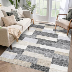 GARVEE Washable Area Rugs 10x13 Large Modern Geometric Living Room Rugs, Stain-Resistant Low Pile Throw Rug, Non-Slip Contemporary Accent Rug for Kitchen, Office, Gray Camel