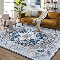 GlowSol Large Area Rug 9x12 Vintage Living Room Rug Non Slip Non Shedding Indoor Carpet Low Pile Throw Rug Oriental Indoor Office Floor Carpet for Dining Room, Navy, 9’x12’