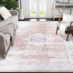 GARVEE Large Area Rug 9x12 Vintage Distressed Rug Non Slip Washable Rug Ultra-Thin Soft Rug Stain Resistant Area Rug Low Pile Throw Carpet for Farmhouse Office, Light Orange