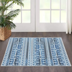 Moroccan Geometric Area Rug, Machine Washable Easy to Clean Non-Shedding Stain-Resistant Non-Slip Foldable Indoor Mat for Living Room, Bedroom, Kitchen, Entryway, Bathroom, Blue, 2 x 3