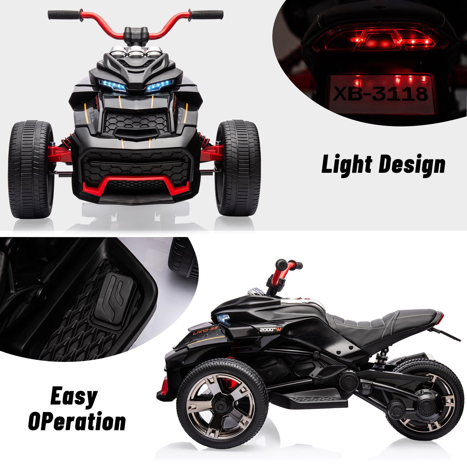 GARVEE 12V Kids Ride on Toy for Kids, 2x55W Powerful Engine 7AH Battery, 3 - 7 km/H, 3 Wheelers Electric Vehicle, LED Lights, 2 Speeds, EVA Tire, Music, USB - Black