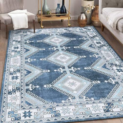 GARVEE Washable Rug 9x12 Large Rug Bohemian Farmhouse Rustic Geometric Area Rug Moroccan Diamond Indoor Floor Cover Low Pile Soft Throw Carpet for Bedroom Bedside Floor Home Decor, Navy