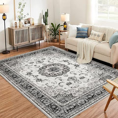 GARVEE Washable Vintage Area Rug - 3x5 Traditional Oriental Medallion Floral Design, Stain Resistant Indoor Print Carpet for Entryway Bedroom Living Room Office Kitchen, Kid & Pet Friendly, Grey