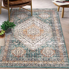 GARVEE Area Rug 5x7 Rug Indoor Vintage Bedroom Rug Living Room Carpet Soft Distressed Accent Rug Non Slip Oriental Rug Washable Lightweight Floorcover Low Pile Retro Rug for Dining Room, Green