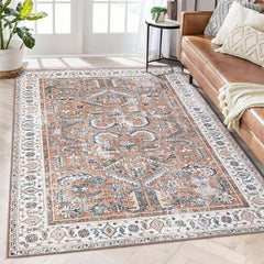 GARVEE Large Area Rug Vintage Rug Washable Rug Low Pile Thin Rug Non Slip Soft Rug Ultra-Thin Antique Collection Area Rug Contemporary Accent Carpet for Dining Room, Orange/Beige