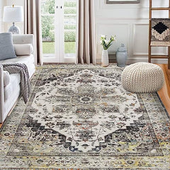 GARVEE Grey Area Rug 8x10 Floral Oriental Printed Large Floor Cover Machine Washable Rugs Non-Shedding Floor Mat Soft Blue Living Rug for Bedroom Children's Playroom Rug with Non-Slip Backing