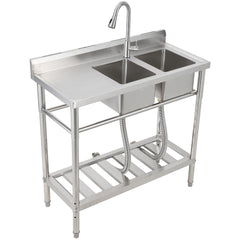 Free Standing Sink With Faucet and Drainboard, Utility Stainless Steel Kitchen 2 Bowl Sink With Workbench, Station Sink With Storage Shelves, for Restaurant, Cafe, Bar, Hotel, Garage, Laundry Room