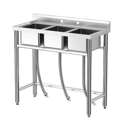 GARVEE Stainless Steel Sink, 3-Compartment Freestanding Sink with Hot & Cold Hoses, Commercial Kitchen Utility Sink for Garage, Restaurant, Backyard for Indoor Outdoor (33in)