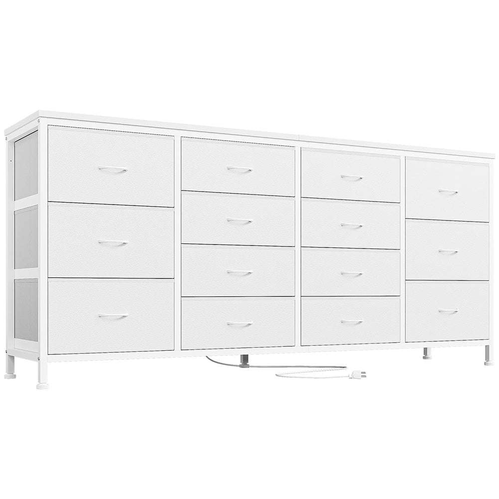 GARVEE 63" W White Dresser TV Stand for 65 70 75 Inch TV, 14 Drawer for Bedroom with Power Outlets, Large Long Fabric Dresser Entertainment Center