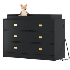 GARVEE Dresser for Bedroom with 6 Drawers, Changing Table Dresser with Changing Table Top, Nursery Dresser Diaper Changing Station for Baby with Power Outlets, Changing Pad & Removable Top, Black