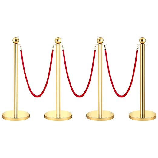 GARVEE Velvet Ropes and Posts, GARVEE Crowd Control Barriers, 3 Red Velvet Rope 5 Ft, 4 Pcs 38 Inch Gold Stanchion Post with Ball Top for Red Carpet, Theaters, Parties, Wedding, Exhibition - 4pcs