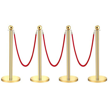 GARVEE Velvet Ropes and Posts, GARVEE Crowd Control Barriers, 3 Red Velvet Rope 5 Ft, 4 Pcs 38 Inch Gold Stanchion Post with Ball Top for Red Carpet, Theaters, Parties, Wedding, Exhibition - 4pcs