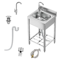 Garvee Utility Stainless Steel Kitchen Single Sink Set with Hot and Cold Water Pipes, Workbench & Storage Rack for Restaurants, Kitchens, Garages, Laundry Rooms, Farms, Outdoor (21in)