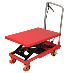 Hydraulic Lift Truck, 500 Lb Capacity 28.5 Inch Lift Height, Manual Single Scissors Lift Platform, 4 Wheels and Non-Slip Pad, Hydraulic Scissors Truck for Material Handling, Red