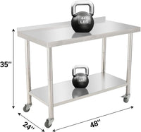 GARVEE Stainless Steel Work Table, 48"x24" Heavy Duty Prep Table with Undershelf, High Load Bearing Metal Table, Commercial Worktable with Backsplash, 4 Wheels, Hooks for Kitchen