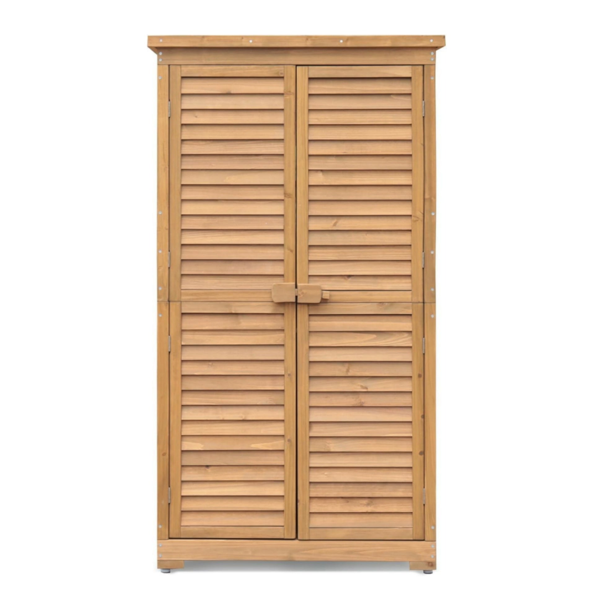 GARVEE Outdoor Wooden Storage Cabinet Garden Shed Outside Wood Tool Organizer with Waterproof Roof Shelves Louvered Double Doors Removable 3-Tier Shelving for Tools Lawn Mower Garden Supplies