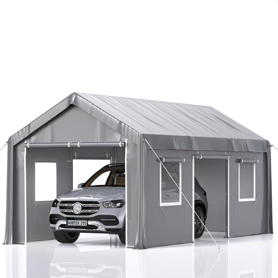 Carport 10ftx20ft Heavy Duty Canopy, 1.0 mm Steel Poles & 14 mil PE Tarp, with Front & Rear Doors, 2 Side Doors, and 4 Windows Screen, Portable Garage for Pickup Truck, and Boat, Gray