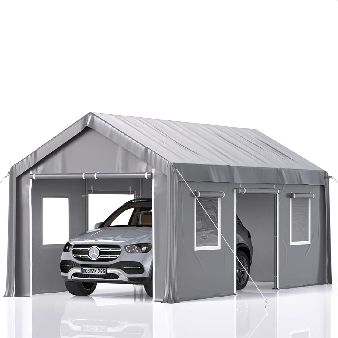 Garvee 20'x10'x9.3' Carport Heavy Duty, Portable Garage with 16 mil PE Canopy, 4 Roll-up Doors and 4 Ventilative Windows, for Pickup Truck, and Boat, Grey