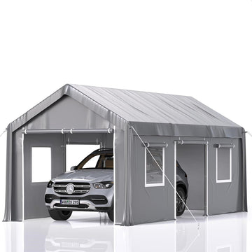 GARVEE 20'x10'x9.3' Carport Heavy Duty, Portable Garage with 16 mil PE Canopy, 4 Roll-up Doors and 4 Ventilative Windows, for Pickup Truck, and Boat, Grey