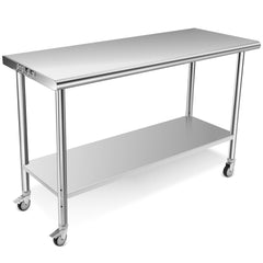 PULLAFUN Stainless Steel Table, 60 x 24 inches Kitchen Prep Work Tables with Wheels, NSF Commercial Worktable with Adjustable Under Shelf for Restaurant Home and Hotel