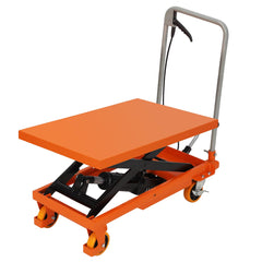 Hydraulic Lift Truck, 500 Lb Capacity 28.5 Inch Lift Height, Manual Single Scissors Lift Platform, 4 Wheels and Non-Slip Pad, Hydraulic Scissors Truck for Material Handling, Orange