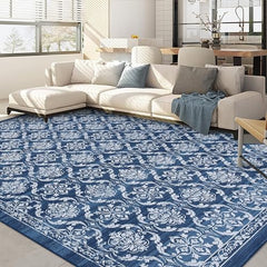 GARVEE Washable Rugs for Living Room Non Slip Rubber Backing Vintage Floral Area Rug Floor Mat Low Pile Rugs for Bedroom Carpet Laundry Nursery Rug Navy Blue 3'x5'