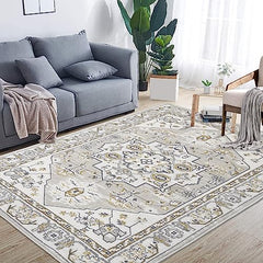 GARVEE Washable Rug, 3x5 Small Rug Oriental Medallion Rug Non-Slip Vintage Rug Indoor Entry Throw Rug Non-Shedding Indoor Floor Carpet or Living Room Bedroom Dining Room, 3' x 5' Beige