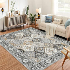 GARVEE Moroccan Trellis Area Rug 8x10 Washable Vintage Floral Print Rugs, Boho Non Slip Indoor Carpet for Entryway Living Room Kitchen Bedroom Laundry Room, Grey Brown