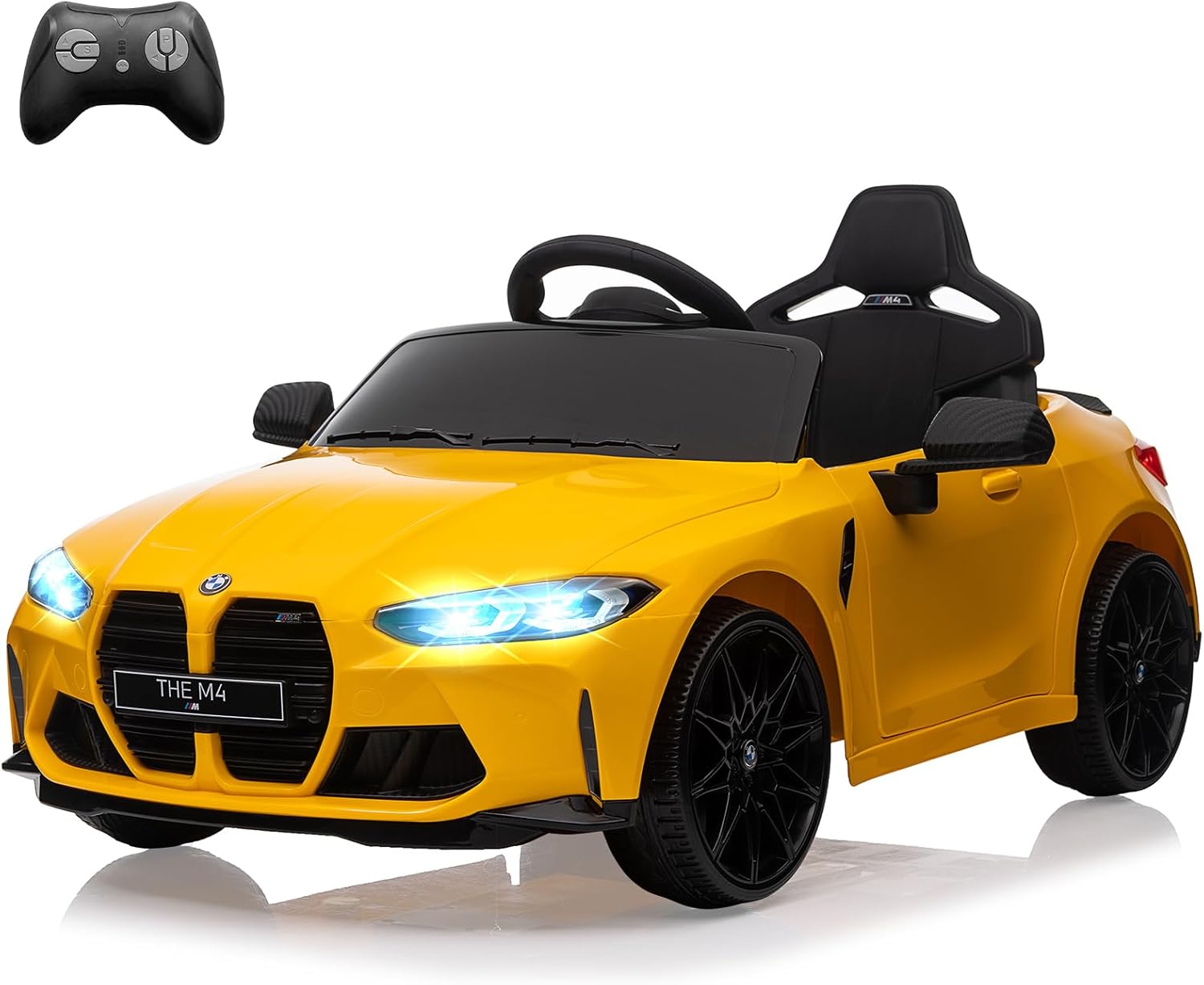 GARVEE 12V Electric Ride On Car w/RC,Licensed by BMW M4 Toddler Electric Vehicle for 37-83 Months,Power Wheels for Boys Girls, with Suspension System,3 Speeds, Bluetooth, MP3, Double Door, LED Light - Yellow