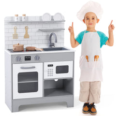 GARVEE Kids Kitchen Playset, Wooden Chef Pretend Play Set with Cookware Accessories, Wooden Cookware Pretend with Microwave, Oven, Sink, Real Lights & Sounds