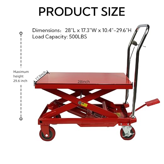 GARVEE Hydraulic Lift Table Cart 500LBS Double Scissor Lift Table, Cart Lift Table Cart 29.6" Lifting Height with 4 Wheels and Foot Pump, Hydraulic Cart for Material Handling and Freight Lifting - 500LBS