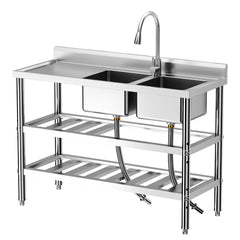 GARVEE Free Standing Commercial Kitchen Sink, Stainless Steel Utility Sink with Hot & Cold Hoses, Stainless Steel Double Bowl Utility Sink Set for Garage, Restaurant, Kitchen, Outdoor (47 Inch)